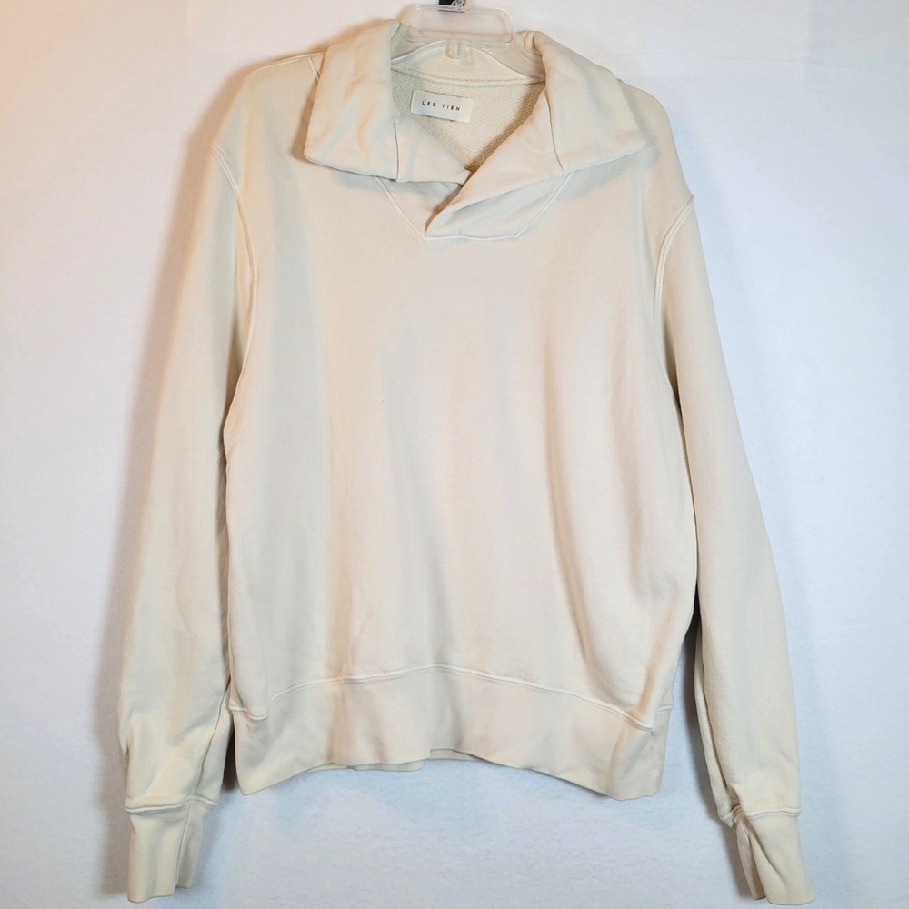 Les Tien Mens Pullover Fleece Cotton Pullover Sweater Size Large White Preppy